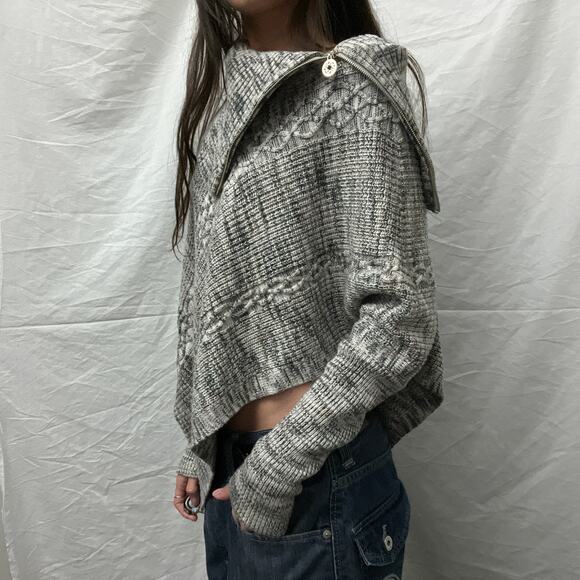 y2k style cream brown ribbed cable knit zip poncho wool blend sweater by whbm - Picture 3 of 7